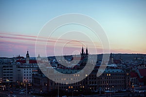 landscape in autumn in Prague with church of our lady before tyn at night