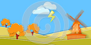 Autumn rural landscape with windmill and fruit trees