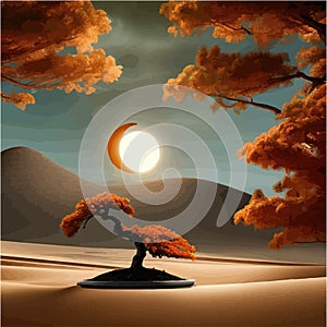 Landscape background. Autumn orange big crooked tree on the hill alonePlant