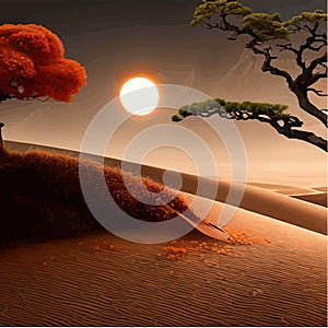 Landscape background. Autumn orange big crooked tree on the hill alonePlant