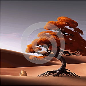 Landscape background. Autumn orange big crooked tree on the hill alonePlant