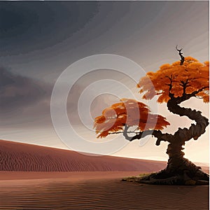 Landscape background. Autumn orange big crooked tree on the hill alonePlant