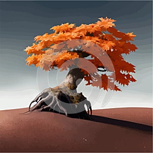 Landscape background. Autumn orange big crooked tree on hill alonePlant Art