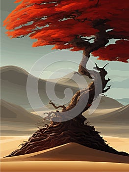 Landscape background. Autumn orange big crooked tree on hill alonePlant Art