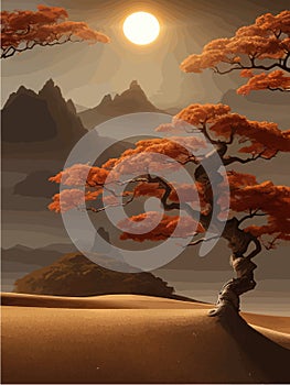 Landscape background. Autumn orange big crooked tree on hill alonePlant Art