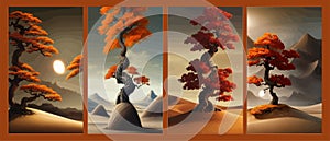 Landscape background. Autumn orange big crooked tree on hill alonePlant Art