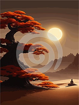 Landscape background. Autumn orange big crooked tree on hill alonePlant Art