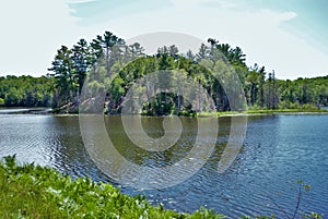 Landscape background of a beautiful forest island in the middle of a lake upper peninsula michigan