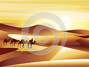 Landscape background desert with dunes, barkhans and caravan of camels vector illustration.