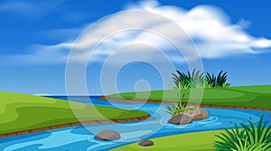 Landscape background design with river and green field