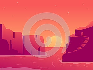 Landscape background. Evening or morning view Cartoon vector illustration. Sunset or sunrise in ocean, nature pink clouds flying