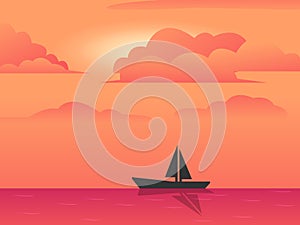 Landscape background. Evening or morning view Cartoon vector illustration. Sunset or sunrise in ocean, nature pink clouds flying
