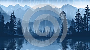Landscape background with forest lake and rain. Pine tree and mountain scenery beautiful summer illustration. Outdoor
