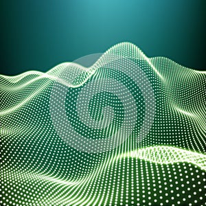 Landscape Background. Futuristic Landscape with Shiny Grid. Low Poly Terrain. 3D Wireframe Terrain. Network Abstract Background.