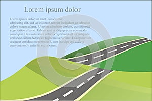 Landscape background with green heals and grey road, vector