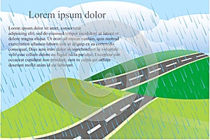 Landscape background with green heals and grey road, white clouds, rain drops, Lorem Ipsum