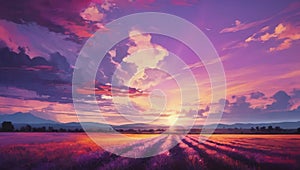 Landscape Background Sky Clouds Sunset Oil Painting View Wallpaper Landscape Light Colours Purple Anime style Magic and Colorful