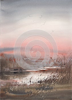 Landscape background. Trendy minimalist watercolor art illustrations. Original nature painting with acrylic paints.