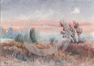 Landscape background. Trendy minimalist watercolor art illustrations. Original nature painting with acrylic paints.