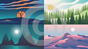 Landscape backgrounds. Flat night sunset sky with mountains on horizon, cartoon nature scenery. Vector outdoor adventure