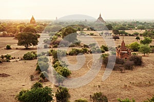 Landscape of Bagan on sunset with temples