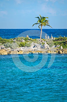 Landscape with balanced rocks, stones next to a palm tree on a rocky coral pier. Turquois blue Caribbean sea water. Riviera Maya,