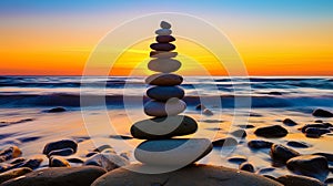 Landscape with balancing stones near the ocean coast at sunset