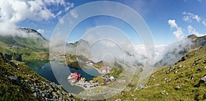 Landscape with Balea lake and chalet in Fagaras mountains