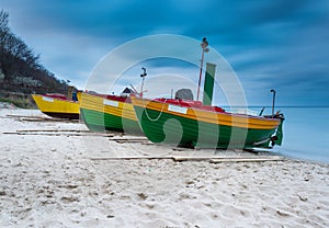 Landscape with Baltic Sea. Fishing boat on the beach. Tranquil evening landscape.