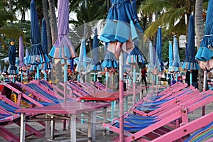 Landscape, Bang Saen Beach, Chonburi, canvas beds for tourists.