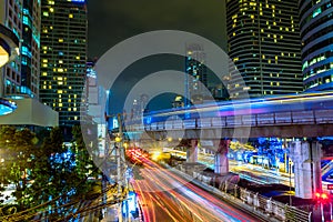 landscape of Bangkok at night, full of light and busy traffic. long exposure