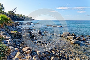 Landscape of Bathing beach Porto Frailis on the rocky coast of Sardinia - Italy