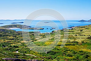 Landscape of beach, hills and atlantic ocean of beautiful Ring of Kerry, Ireland. Travel destination for many tourists