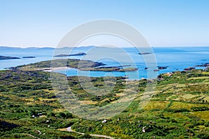 Landscape of beach, hills and atlantic ocean of beautiful Ring of Kerry, Ireland. Travel destination for many tourists