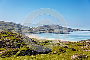 Landscape of beach, hills and atlantic ocean of beautiful Ring of Kerry, Ireland. Travel destination for many tourists