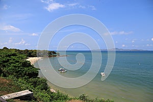Landscape of beach with sea and trees and blue sky and cloud, Pattaya Thailand, as background.