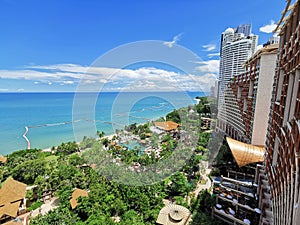 The landscape of beach and Sea view for vacation and summer from high hotel view with blue sky in the morning