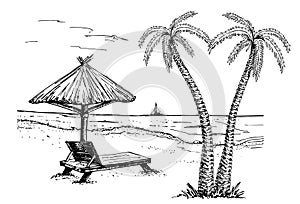 Landscape with a beach sketch. palms, chaise longue, parasol and yachts