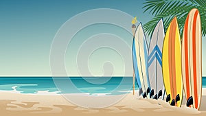 Landscape of beach with some surfboards photo