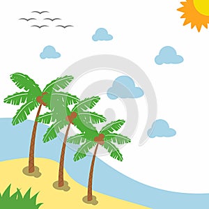 Landscape beautiful beach with Illustration three Palm Trees Stock vector design and some white clouds, blue sea and birds