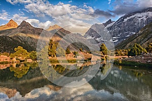 Landscape of beautiful Fan mountains and Kulikalon lake in Tajikistan