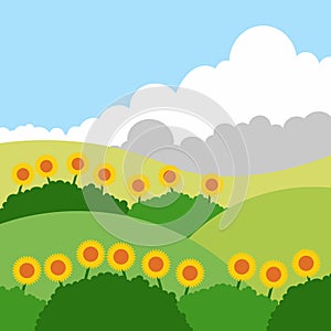 Landscape beautiful hills concept village vector illustration design, beautifull sun flowers in the garden vector