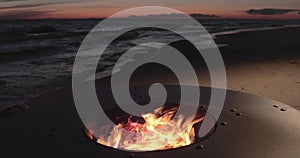 The landscape of the beautiful metal round a fireplace on the sandy coast with a tidal wave at sunset, stones