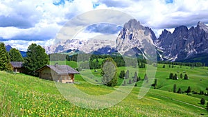 Landscape of the beautiful mountain Langkofel Group at Seiser Alm in sunny day