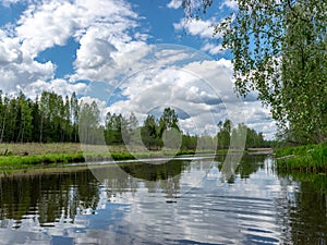 Landscape with a beautiful river in spring, cloud reflections in the water