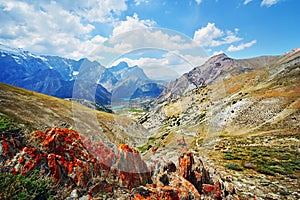 Landscape of beautiful rocky Fan mountains and Kulikalon lakes in Tajikistan