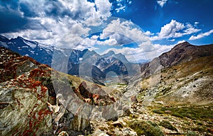 Landscape of beautiful rocky Fan mountains and Kulikalon lakes in Tajikistan