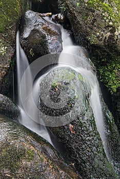 Landscape of Becky Falls waterfall in Dartmoor National Park Eng