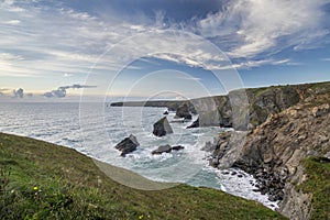 Landscape of Bedruthan Steps on Cornwall coastline in England