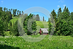 Krajina v Belianských Tatrách s malým dřevěným domem. Slovensko